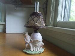 1890s ORIGINAL BISQUE CHERUBS & EGG MINIATURE OIL LAMP WITH BASKETWEAVE SHADE