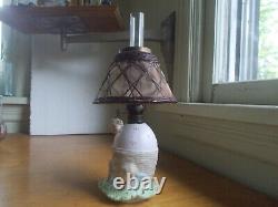 1890s ORIGINAL BISQUE CHERUBS & EGG MINIATURE OIL LAMP WITH BASKETWEAVE SHADE