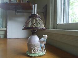 1890s ORIGINAL BISQUE CHERUBS & EGG MINIATURE OIL LAMP WITH BASKETWEAVE SHADE