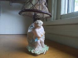 1890s ORIGINAL BISQUE CHERUBS & EGG MINIATURE OIL LAMP WITH BASKETWEAVE SHADE