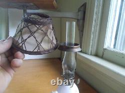 1890s ORIGINAL BISQUE CHERUBS & EGG MINIATURE OIL LAMP WITH BASKETWEAVE SHADE