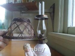 1890s ORIGINAL BISQUE CHERUBS & EGG MINIATURE OIL LAMP WITH BASKETWEAVE SHADE