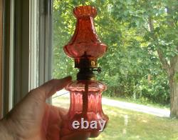 1890s ORIGINAL CRANBERRY PANEL OPTIC MINIATURE OIL LAMP WithMATCHING CHIMNEY