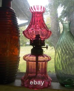 1890s ORIGINAL CRANBERRY PANEL OPTIC MINIATURE OIL LAMP WithMATCHING CHIMNEY