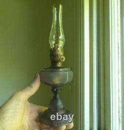 1890s RARE MINIATURE 5 FISHSCALE OIL LAMP WITH FROSTED FONT AMETHYST COMPLETE