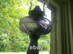 1890s RIVERSIDE ALMOND AMETHYST GLASS OIL LAMP WITH ALMOND BASE COMPLETE NICE