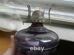 1890s RIVERSIDE ALMOND AMETHYST GLASS OIL LAMP WITH ALMOND BASE COMPLETE NICE