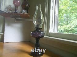 1890s RIVERSIDE ALMOND AMETHYST GLASS OIL LAMP WITH ALMOND BASE COMPLETE NICE