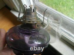 1890s RIVERSIDE ALMOND AMETHYST GLASS OIL LAMP WITH ALMOND BASE COMPLETE NICE