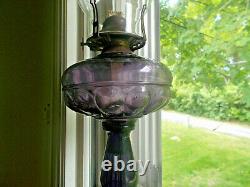 1890s RIVERSIDE ALMOND AMETHYST GLASS OIL LAMP WITH ALMOND BASE COMPLETE NICE