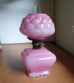 1894 Original Pink Cased Glass Rose Pattern Miniature Kerosene Lamp Complete