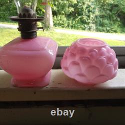 1894 Original Pink Cased Glass Rose Pattern Miniature Kerosene Lamp Complete