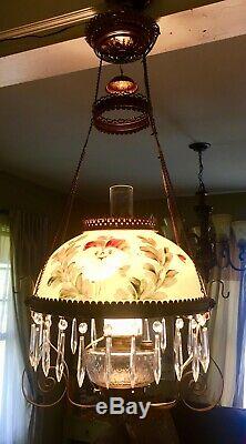 1895 Atq Chandelier Hanging Prism Adjustable Height Electrified Oil Lamp Shade