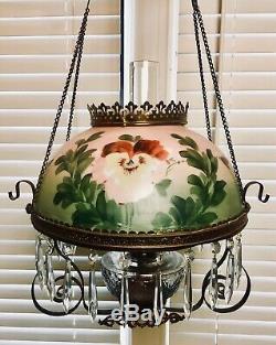 1895 Atq Chandelier Hanging Prism Adjustable Height Electrified Oil Lamp Shade