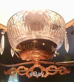 1895 Atq Chandelier Hanging Prism Adjustable Height Electrified Oil Lamp Shade