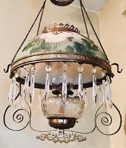 1895 Atq Chandelier Hanging Prism Adjustable Height Electrified Oil Lamp Shade