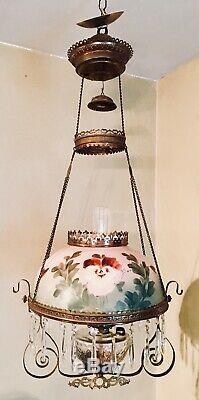 1895 Atq Chandelier Hanging Prism Adjustable Height Electrified Oil Lamp Shade