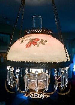 1895 Atq Chandelier Hanging Prism Adjustable Height Electrified Oil Lamp Shade