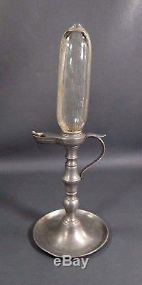 18c. Early Antique Pewter Glass Whale Oil Lamp Clock Timekeeper Night Lighting