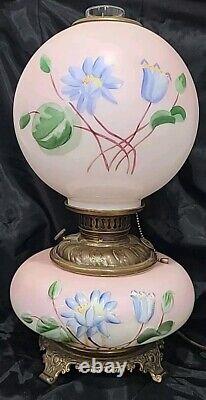 1900 Antique Victorian GWTW Parlor Converted Oil Lamp, PINK WithHP WATER LILY