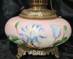 1900 Antique Victorian GWTW Parlor Converted Oil Lamp, PINK WithHP WATER LILY