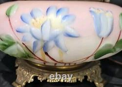 1900 Antique Victorian GWTW Parlor Converted Oil Lamp, PINK WithHP WATER LILY