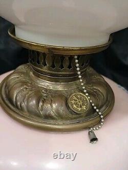1900 Antique Victorian GWTW Parlor Converted Oil Lamp, PINK WithHP WATER LILY