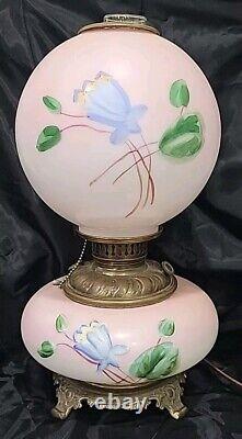 1900 Antique Victorian GWTW Parlor Converted Oil Lamp, PINK WithHP WATER LILY