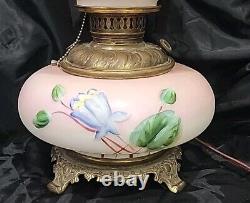 1900 Antique Victorian GWTW Parlor Converted Oil Lamp, PINK WithHP WATER LILY