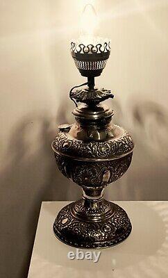 1900s ANTIQUE BRONZE MILLER OIL TABLE LAMP MODIFIED TO CORDED ELECTRIC