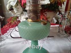 1937 Green Jade Moonstone Aladdin B-86 Diamond Quilt Kerosene Oil Table Lamp