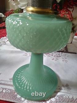 1937 Green Jade Moonstone Aladdin B-86 Diamond Quilt Kerosene Oil Table Lamp