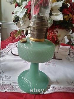 1937 Green Jade Moonstone Aladdin B-86 Diamond Quilt Kerosene Oil Table Lamp