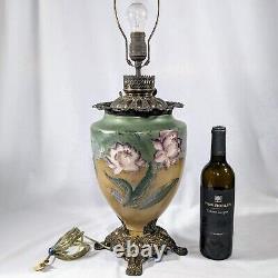 19TH CENTURY FOSTORIA GLASS Art Nouveau HAND PAINTED Oil Lamp Mod To ELECTRIC