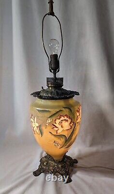 19TH CENTURY FOSTORIA GLASS Art Nouveau HAND PAINTED Oil Lamp Mod To ELECTRIC