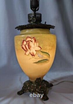 19TH CENTURY FOSTORIA GLASS Art Nouveau HAND PAINTED Oil Lamp Mod To ELECTRIC