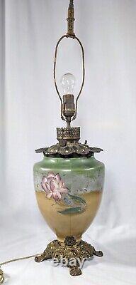 19TH CENTURY FOSTORIA GLASS Art Nouveau HAND PAINTED Oil Lamp Mod To ELECTRIC