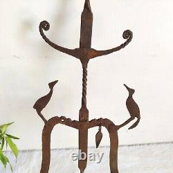 19c Antique Primitive Peacock Figure Handmade Worship Wall Hanging Oil Lamp Iron