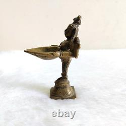 19c Vintage Apsara Holding Brass Oil Lamp Statue Diwali Deepawali Decorative 297