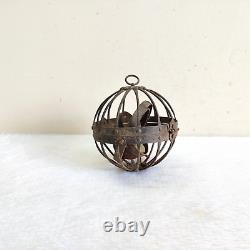 19c Vintage Primitive Handmade Iron Globe Shape Rolling Oil Lamp Old Collectible