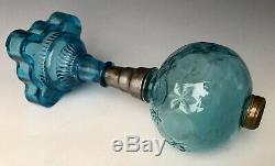 19thC Sandwich Blue Glass Whale Oil Lamp with Blown Star Bullseye Font & EAPG Base