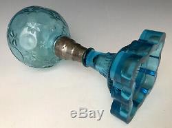 19thC Sandwich Blue Glass Whale Oil Lamp with Blown Star Bullseye Font & EAPG Base