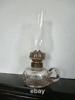 19th C Antique Miniature OIL Finger Lamp Night Lamp Applied Handle Sun Face