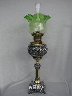19th C MILLER CENTRE DRAUGHT OIL LAMP, EMBOSSED BRASS & BASE METAL, GREEN SHADE