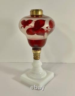 19th C Victorian Oil Lamp Milk Glass Base & Cranberry Flashed & Frosted Font 11