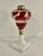 19th C Victorian Oil Lamp Milk Glass Base & Cranberry Flashed & Frosted Font 11