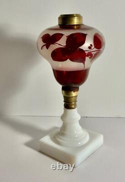 19th C Victorian Oil Lamp Milk Glass Base & Cranberry Flashed & Frosted Font 11