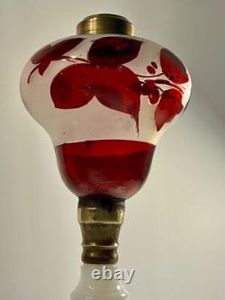 19th C Victorian Oil Lamp Milk Glass Base & Cranberry Flashed & Frosted Font 11