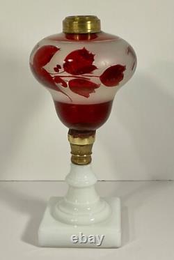19th C Victorian Oil Lamp Milk Glass Base & Cranberry Flashed & Frosted Font 11