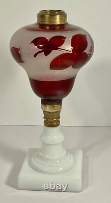 19th C Victorian Oil Lamp Milk Glass Base & Cranberry Flashed & Frosted Font 11